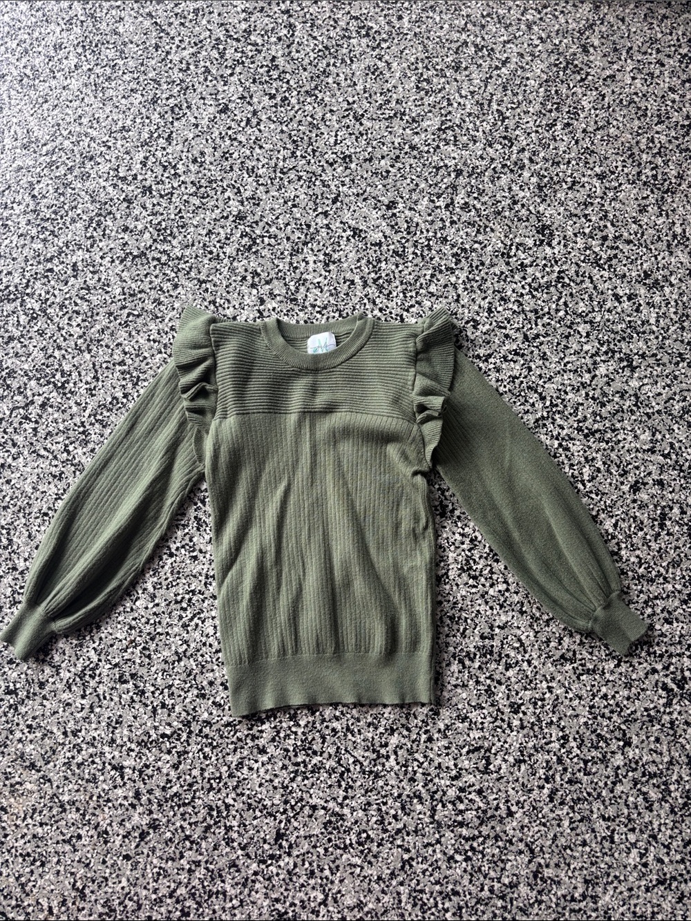 Girls' Olive Green Ruffle-Shoulder Knit Sweater Top
